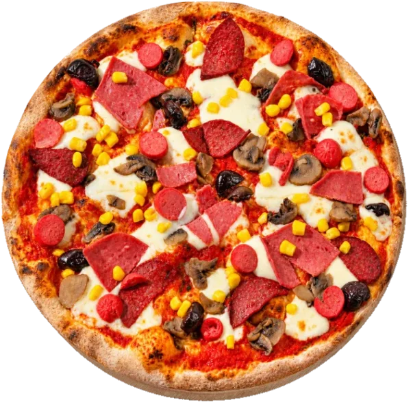 Alaturka Pizza de HR Italy garnie de sucuk, saucisse, jambon, champignons, olives noires et maïs