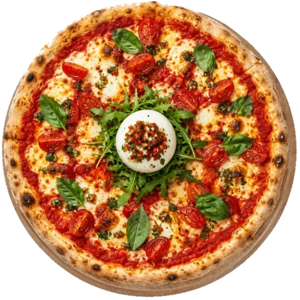 Burrata Pizza de HR Italy : une burrata entière au centre, entourée de roquette, de tomates cerises et de basilic