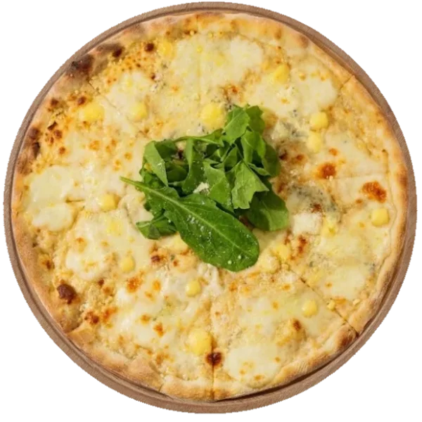 Pizza aux 4 Fromages de HR Italy : pizza blanche aux quatre fromages fondus, roquette au centre