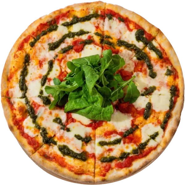 Margherita Pizza de HR Italy : filets de pesto sur sauce tomate et mozzarella, verdure fraîche au centre