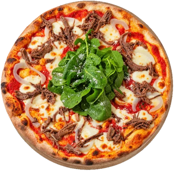 Osso Buco Pizza de HR Italy : jarret de bœuf effiloché, oignon et mozzarella, verdure au centre