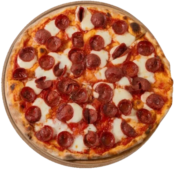 Pepperoni Pizza de HR Italy : tranches de pepperoni recourbées en coupelles sur la mozzarella fondue