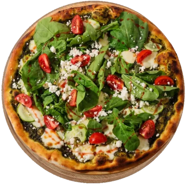 Pizza Rustique de HR Italy : roquette, courgette, tomates et lor émietté sur sauce basilic