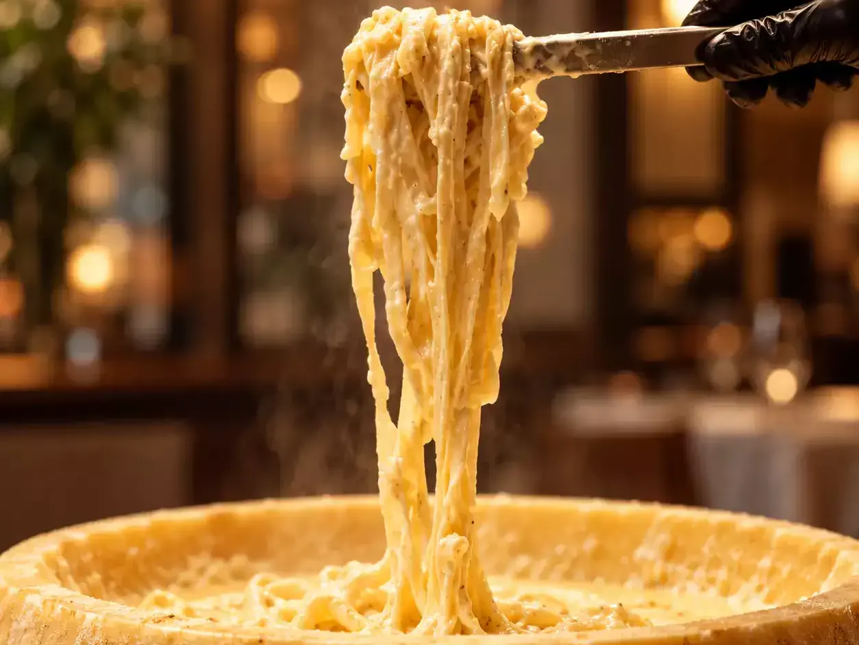 Des fettuccine fraîches enroulées dans une meule de parmesan