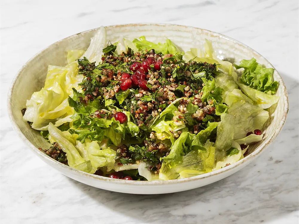 Quinoa-Salat von HR Italy: Quinoa, Petersilie und Granatapfelkerne auf grünem Salat