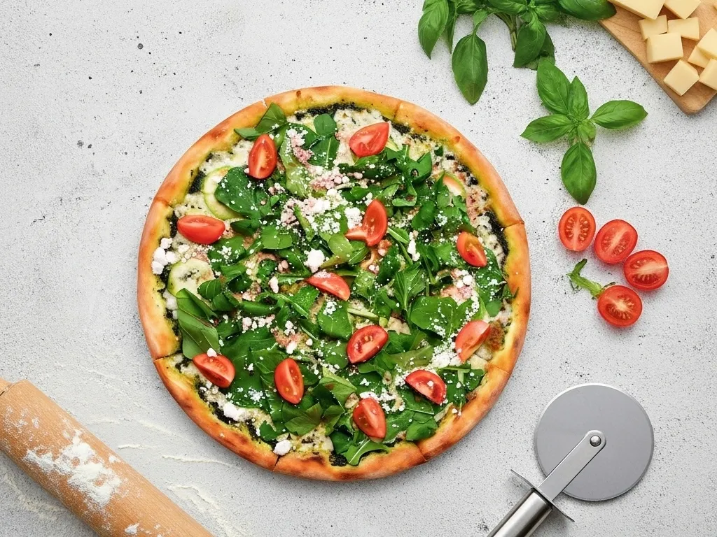 Pizza à la roquette, aux tomates cerises et au fromage blanc, avec du basilic et des dés de fromage à côté